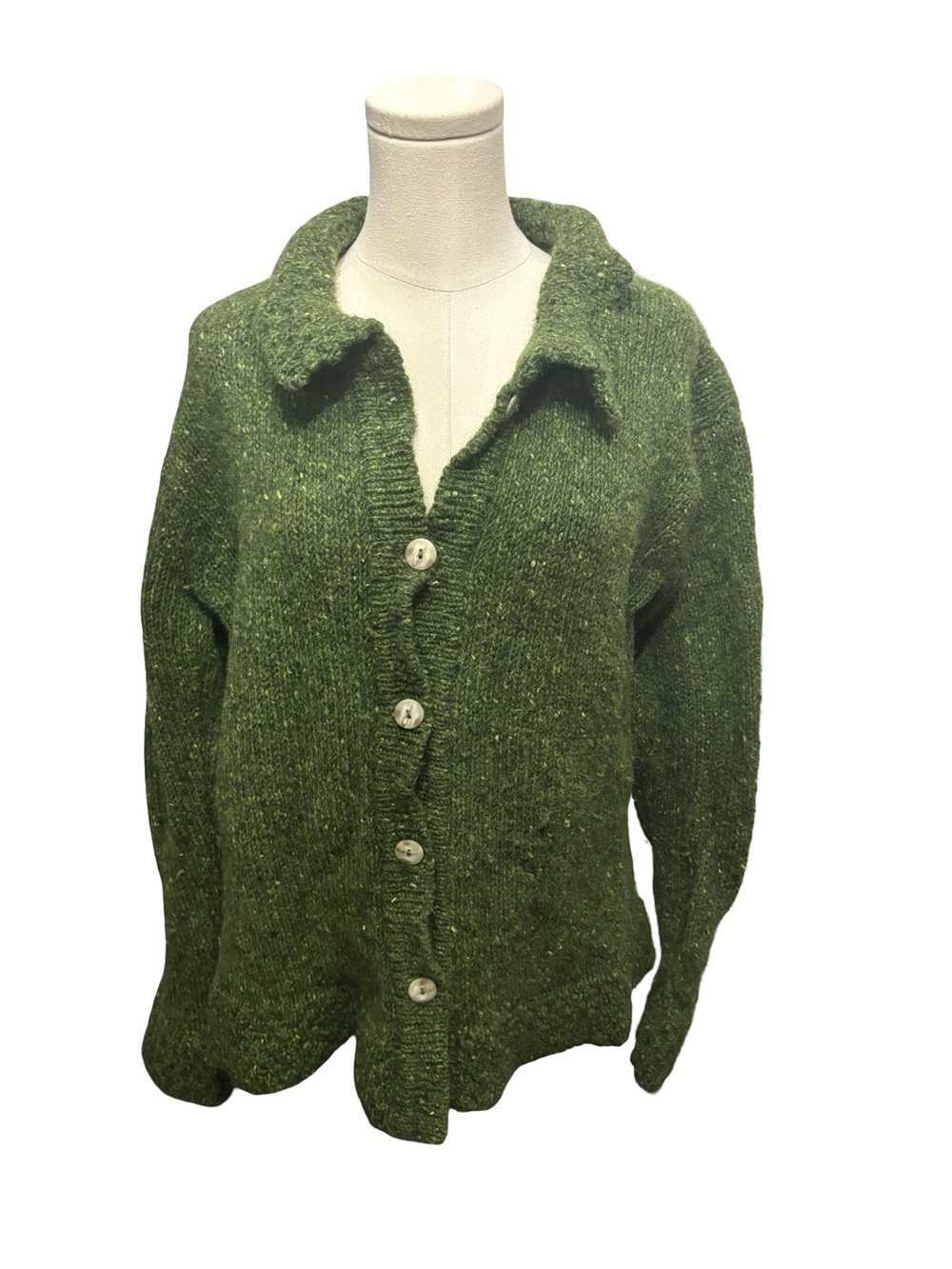 Rossan Olive Hand loomed Green Button-Up Wool Cardigan Sweater - size L